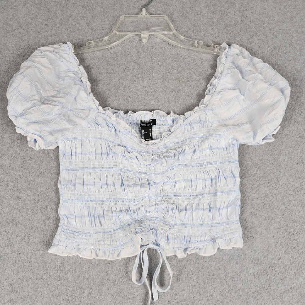 Forever‎ 21 Crop Top Womens Medium Blue Plaid Smocked Ruffle Trim Puff Sleeve